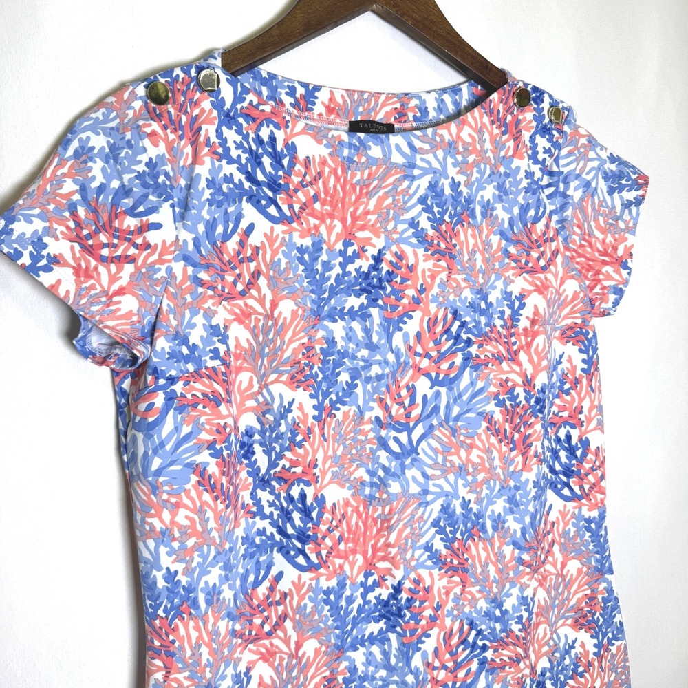 Talbots Petite Blue Pink Coral Reef Print Gold Button Shoulder Shift Dress MP